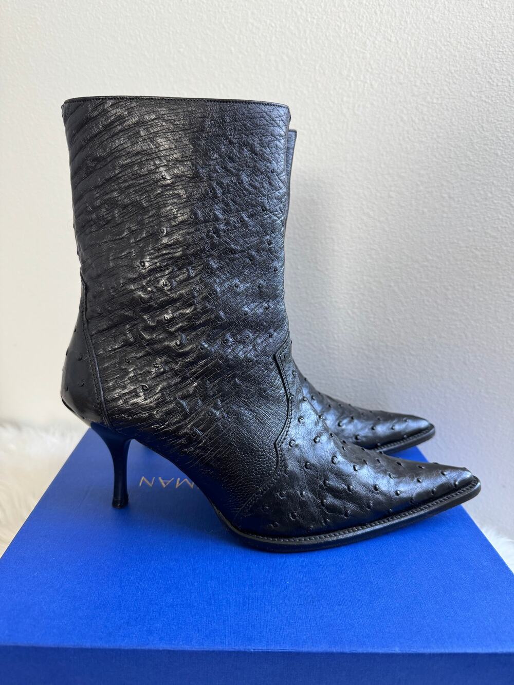 VINTAGE CUADRA 90's Black Genuine Ostrich Leather Pointed Toe Heeled Boot 9.5 US